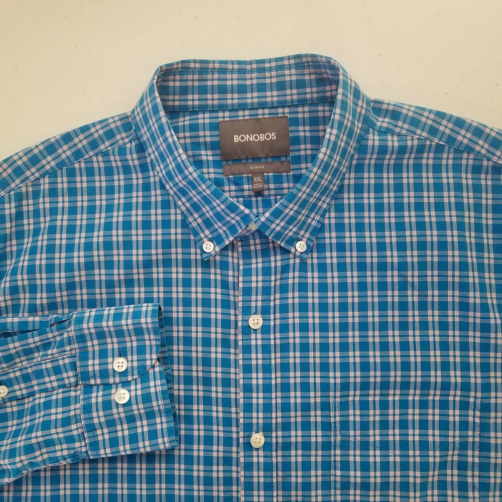 BONOBOS‎ Blue Plaid Button Front Long Sleeve Shirt Slim Fit Men's Size 2XL